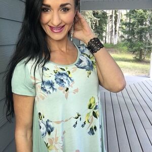 New Loose fit short sleeve floral blue green top